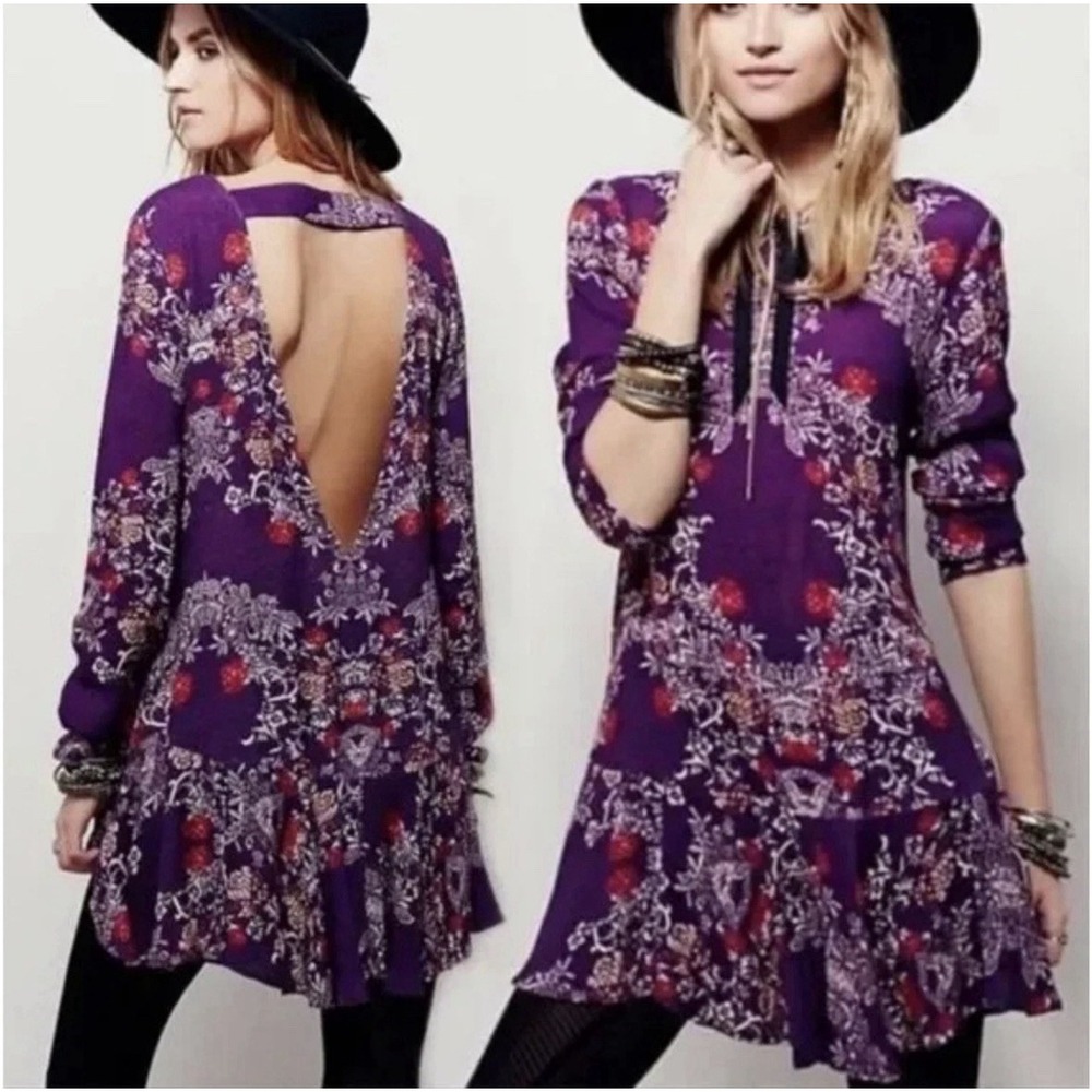 Free People Smooth Talker Dress M Purple Floral Boho Open Back Tunic Flared Mini